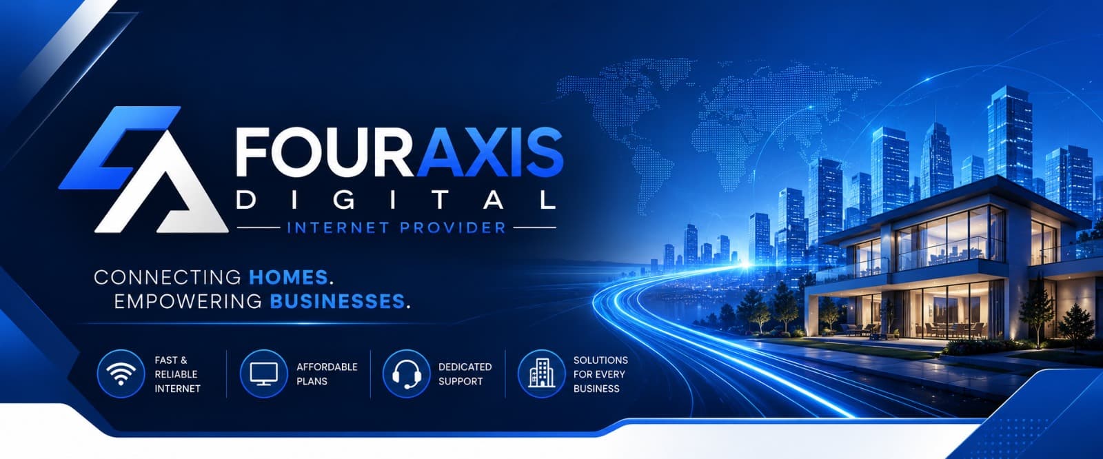 FourAxisDigital banner showing the company branding and a cityscape with the slogan Connecting Homes. Empowering Businesses.